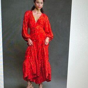 FARM Rio Red V-Neck Long Sleeve Tiered Maxi Dress